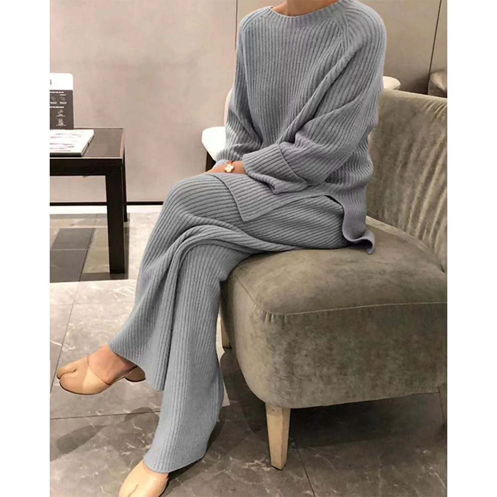 Korean Style Women Knitted Ribbed Long Sleeve Split Hem Sweater & Pants Set Casual Slim Fit Two Piece Suit Sets Knitted Outfits