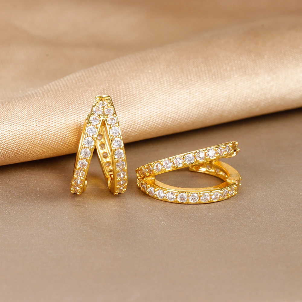 Vintage Zircon Little Huggie Hoop Earrings for Women Stainless Steel Geometry Double Circle Piercing Earrings Wedding Jewelry