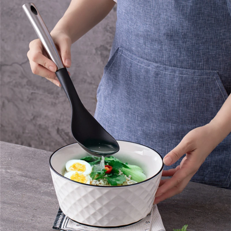 7PC Stainless Steel Handle Nylon Kitchenware Black Anti-Scald Spatula Soup Spoon Colander Dense Spoons Household Cooking Tools