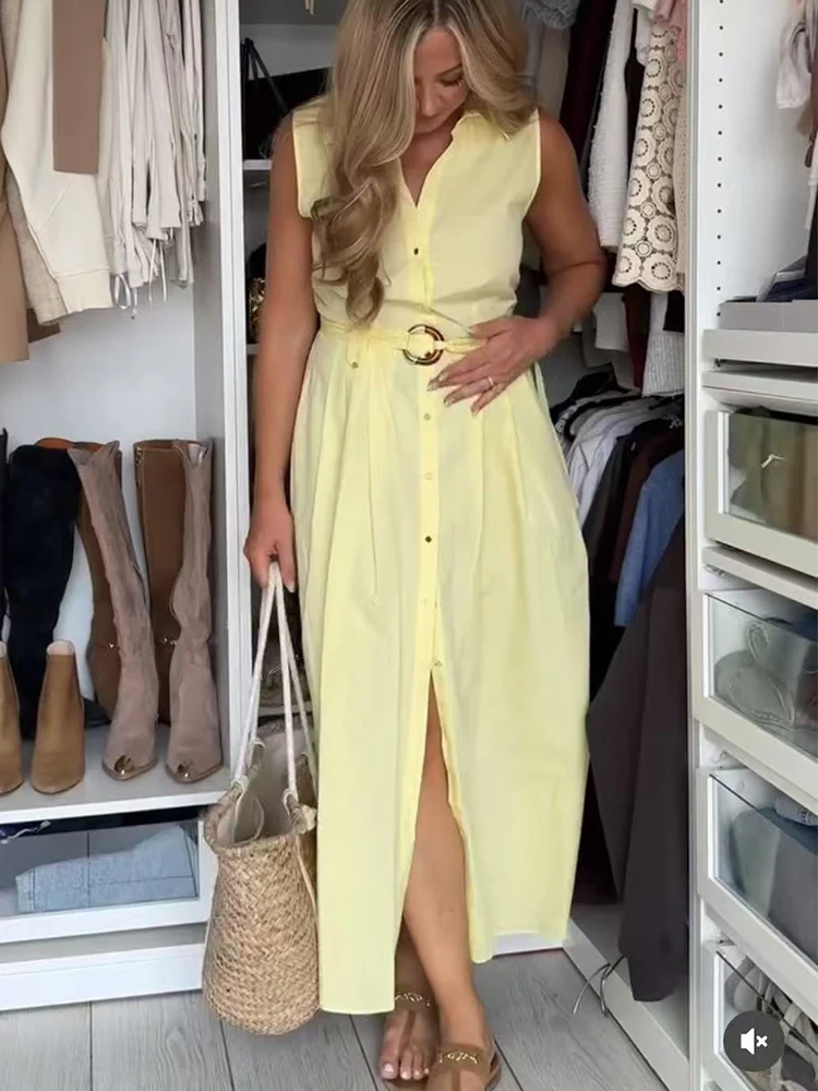 TFMLN Women Fashion Lapel Shirt Dress With Belt Casual Sleeveless Single-Breasted Elegant Midi Dress Female Commuting Outfit