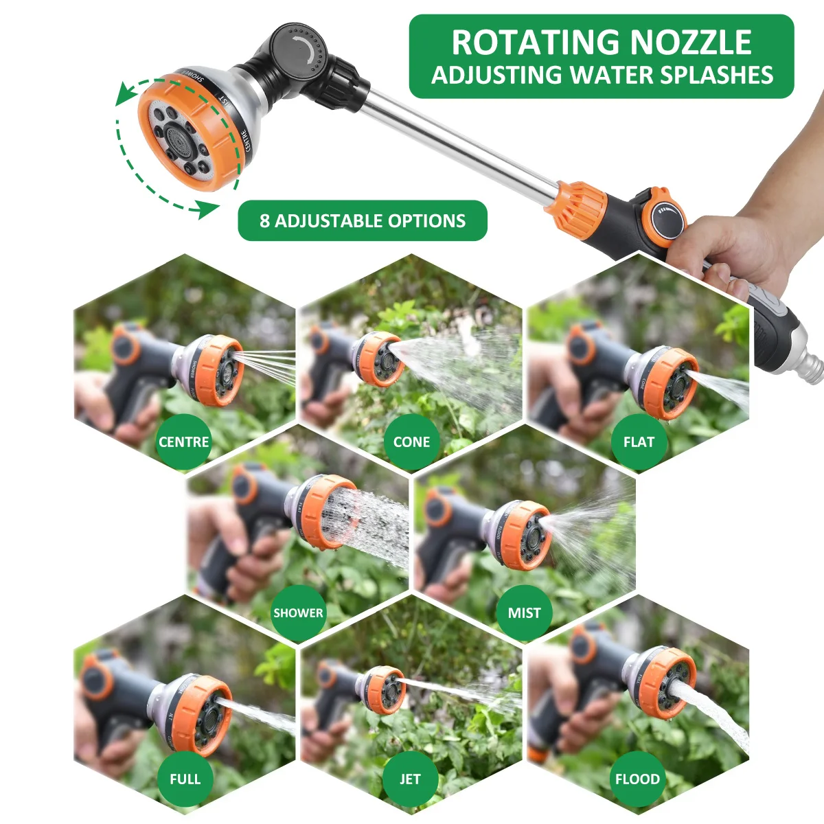 47cm Water Sprayer Nozzle Long Rod Garden Sprinkler with Adjustable Head 8 Spray Modes High Pressure Irrigation Hose Nozzle 3
