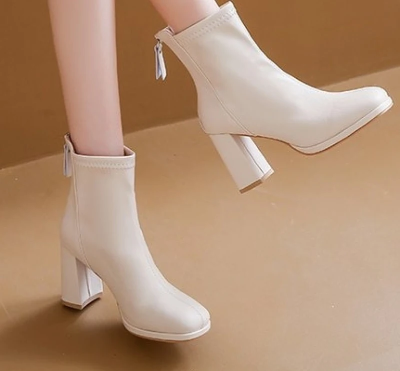 Women's Back Zipper Beige High Heels Ankle Boots Winter New Female Square Toe Chelsea Boots High Quality Mid Heel Short Botines