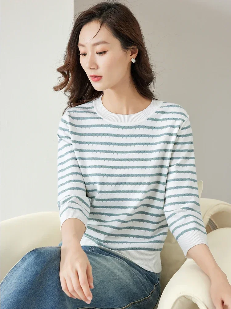 

VIMLY Women's Striped Sweater 2023 Early Autumn Pullover Round Neck Three Quarter Sleeve Knit Tops Female Jumper Knitwears 72297
