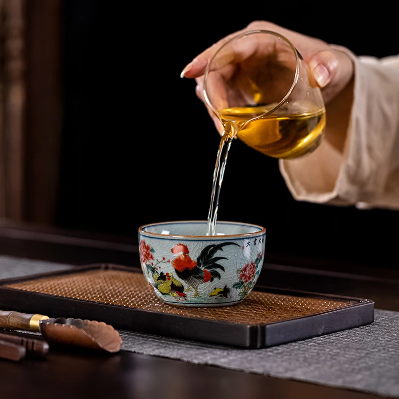 100ml/160ml  Large Capacity Chinese Retro Rooster Pattern Master Cup with Ice Cracked Tea Cup for Nurturing Tea Cup Accessories