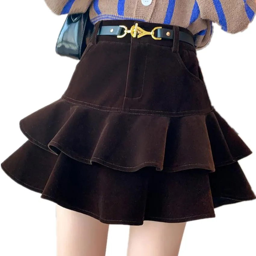 

Velvet Short Skirts Women Autumn and Winter High Waist Solid Ball Gown Mini A-line Layered
