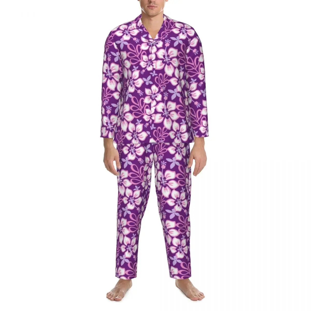 

Tropical Flower Pajamas Men Hawaiian Print Lovely Home Nightwear Autumn 2 Pieces Casual Oversized Graphic Pajama Sets