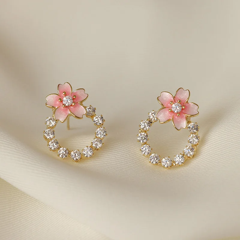 

S925 Silver Needle Korean Fashion Flower Earrings For Women Jewelry 2023 Trending Women's Japanese Cherry Blossom Stud Earrings