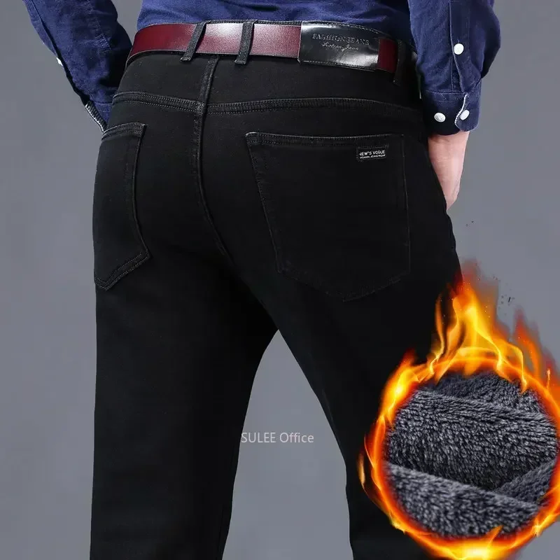 2023 Winter Men Black Blue Straight Stretch Denim Thick Velvet Pants Warm Jeans Casual Fleece Line Trousers Male Plus Size 5