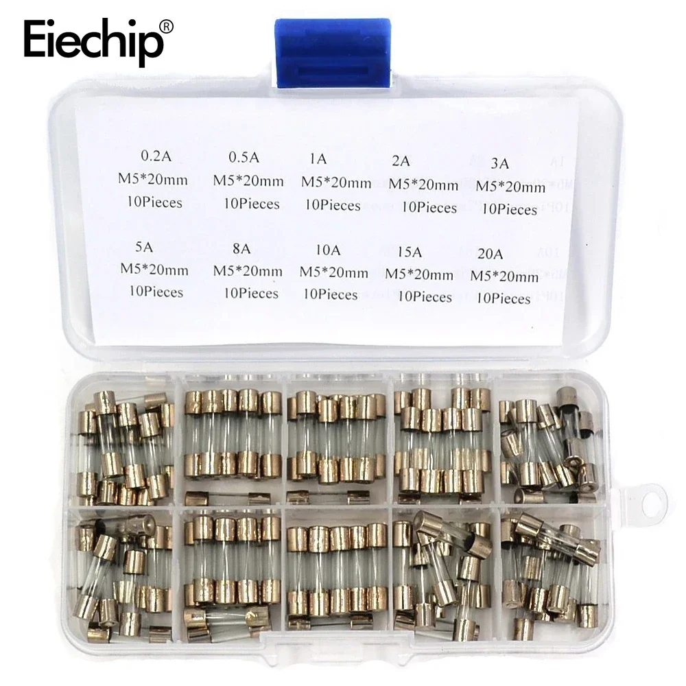 Electrical Fuse Kit 100Pcs/Box 5x20mm Fast-blow Glass Fuse Assorted