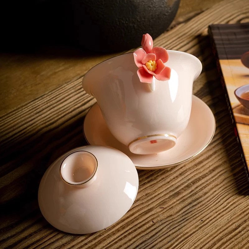 Flower Language Covered Bowl Hand Pinched Flower Bubble Tea Bowl for Girls Girlfriend Gift Ladies Chinese Kung Fu Tea Set