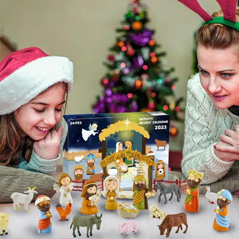 Nativity Advent Calendar 24pcs Nativity Scene Resin Colorful Statue Set Christmas Countdown Calendar Toy for Festival Decor
