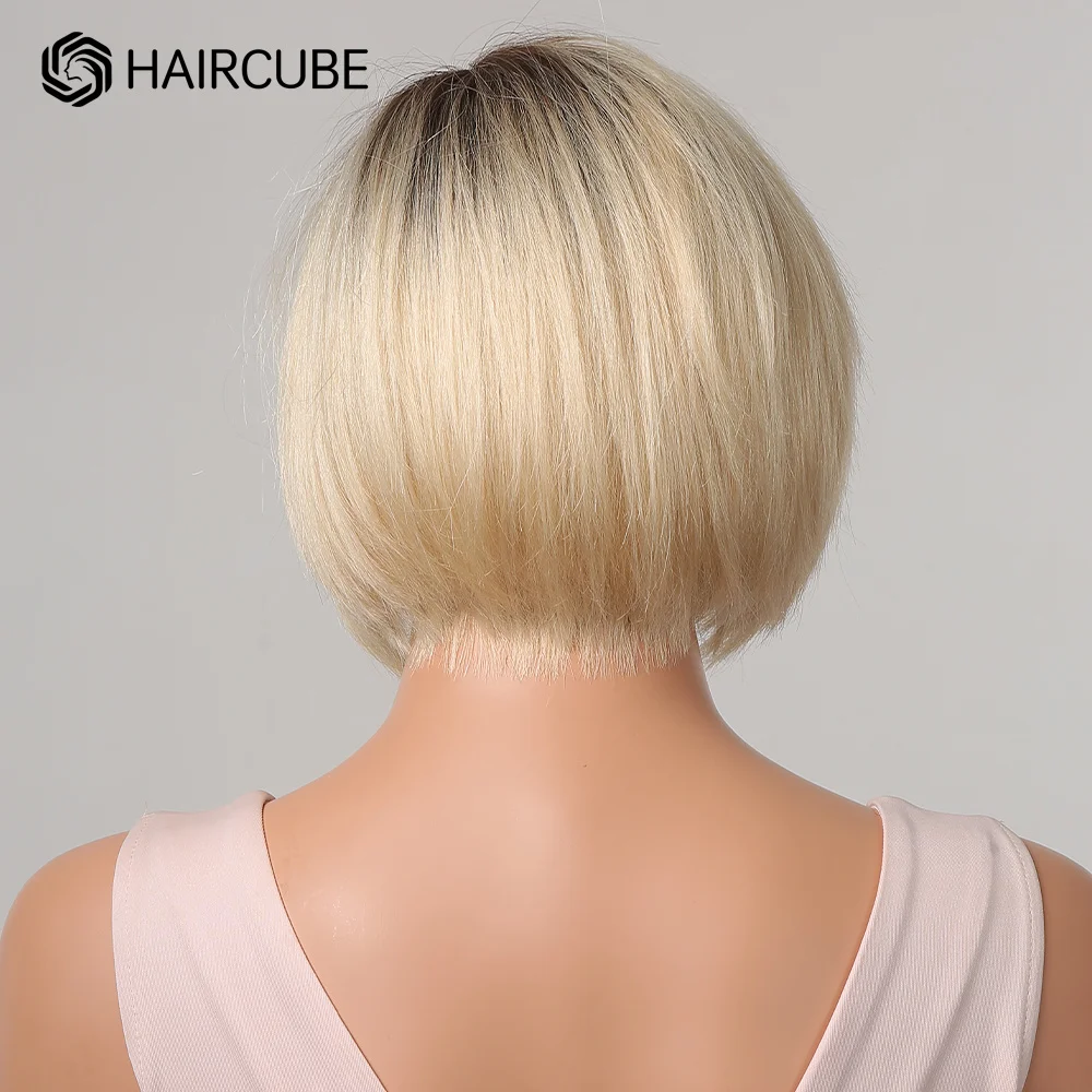 Bob Human Hair Wigs Ombre Light Blonde Pixie Cut Lace Front Wigs for Women Side Parted Straight Transparent Lace Wig HAIRCUBE