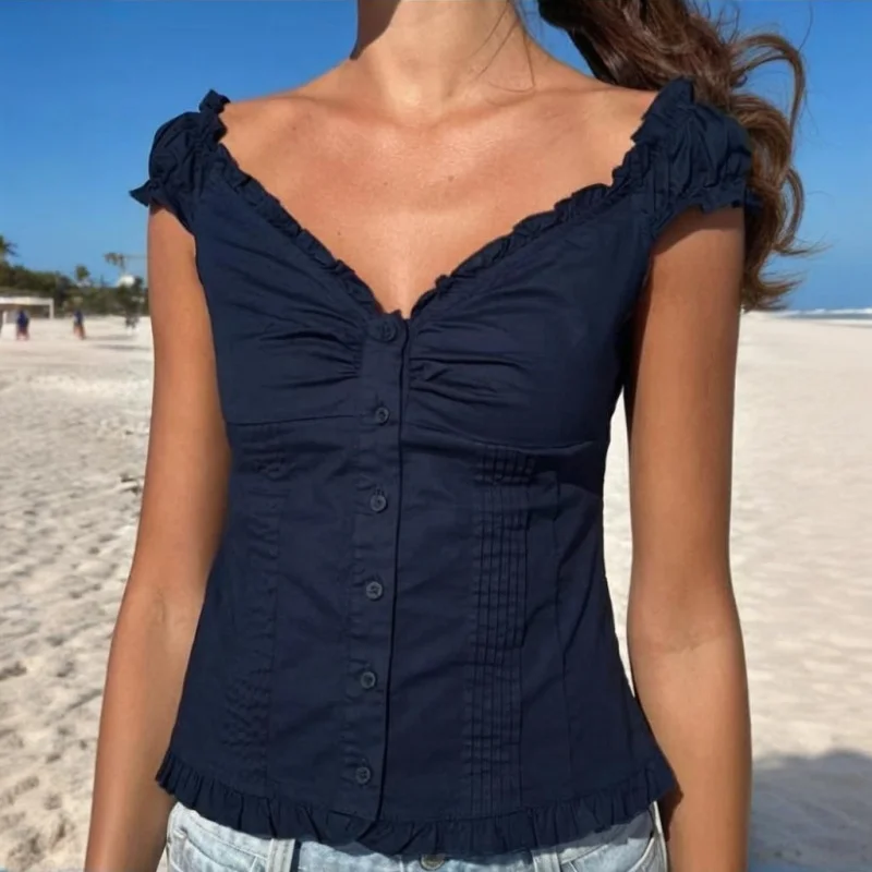 Top da donna Y2K con bottoni alla moda Manica ad aletta