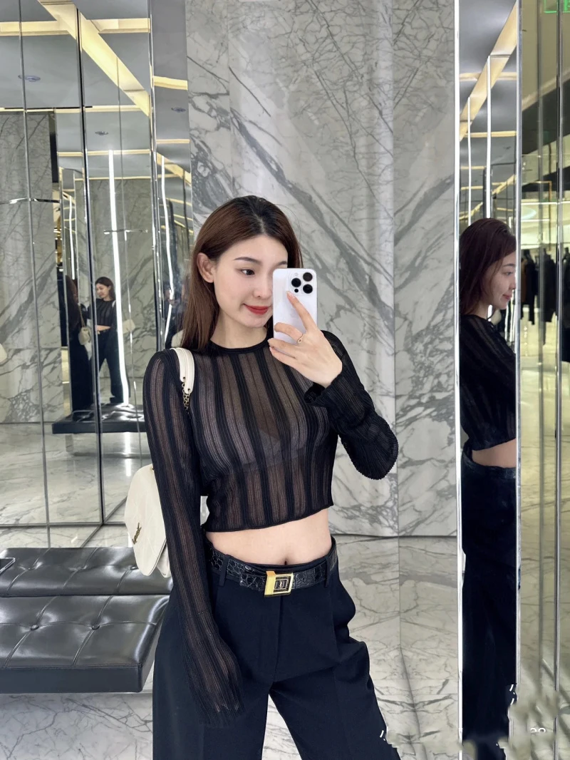 

Nightclub style women's knitted sweater, fashionable and sexy, hollow out and transparent striped long sleeved short sweater