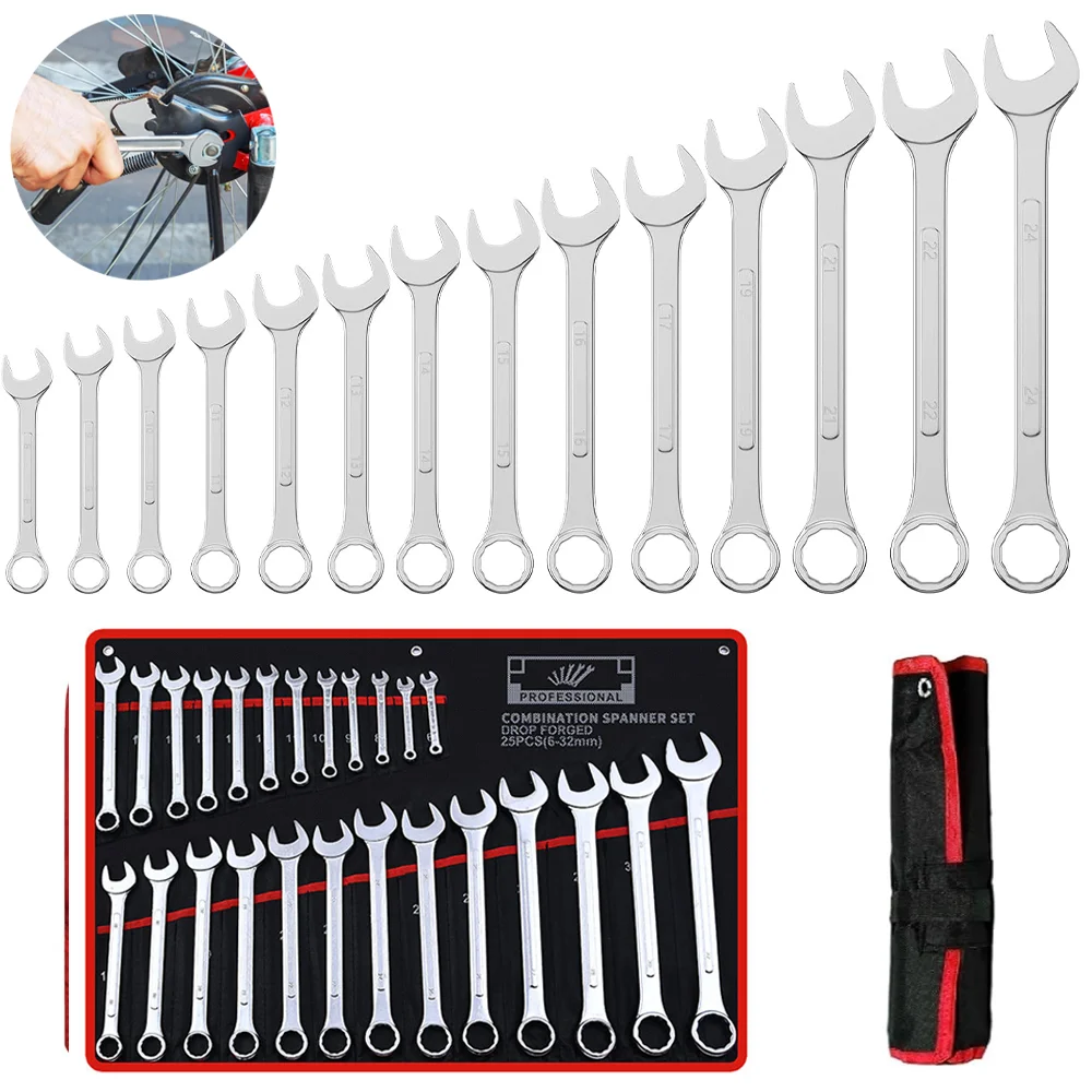 25-teiliges ultradünnes Schraubenschlüssel-Set, 6–32 mm, Kohlenstoffstahl-Schraubenschlüssel, metrische Ratsche, Ring-Maulschlüssel-Set mit Tasche, Auto-Wartungswerkzeuge – Detail 3