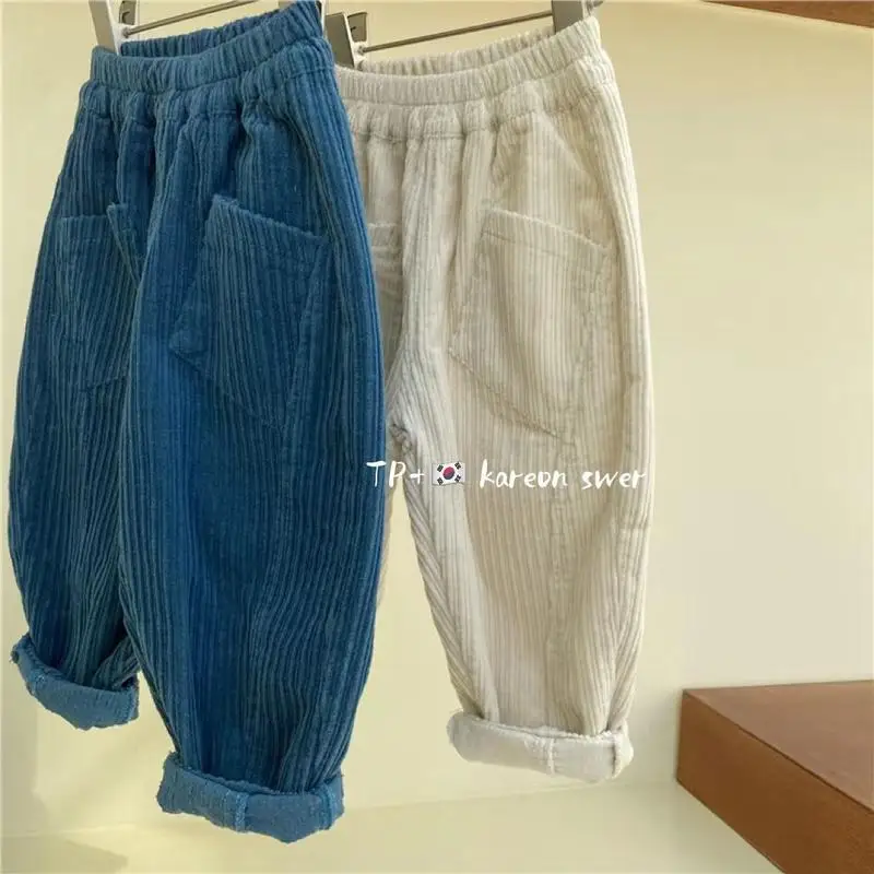 

Korean Children's 2023 Autumn Boys' Corduroy Pants Children's Solid Child Thick and Thin Striped Casual Radish Pants
