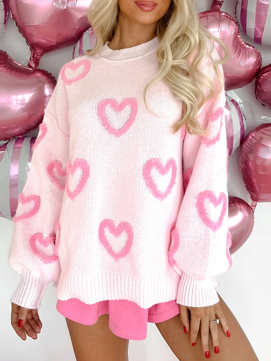 

Women Heart Print Knit Swearer Romantic Oversized Baggy Fuzzy Sweater Valentine s Day Long Sleeve Pullover Knitwear