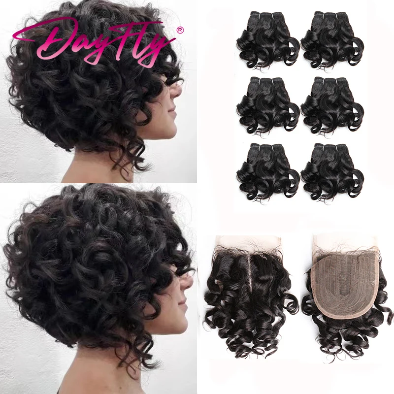 Brazilian Hair Weaving Bundles 4x1 T Part Closure 6 Extensions with Closure Bouncy Curly Human Hair Bundles