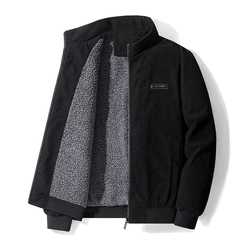 Fleece Jacket Men Winter Thick Corduroy Jackets Coats Solid Color Zipper Stand Collar Windbreaker Fashion Casual Parkas Outwear 4
