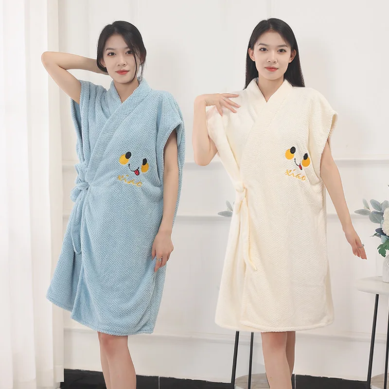 Boluoge Bathrobe Skirt Bath Towels Coral Velvet Thickened Soft Water Absorbent Home Pajamas Hotel Bathrobe for Women