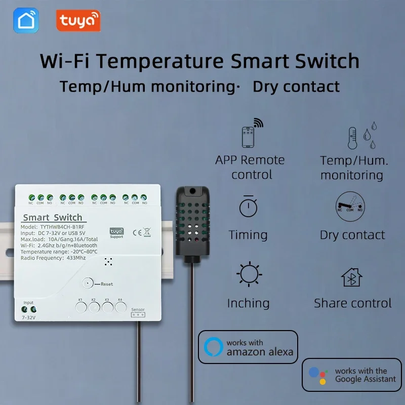 7-32V WiFi 4 Channel TH Switch With DIN Rail,Tuya Smart Life APP,Temperature or