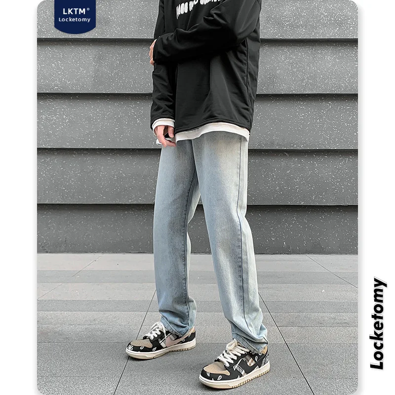 

High Street Jeans Men's Korean Fashion Embroidery Loose Straight Tube Washed Dad Pants