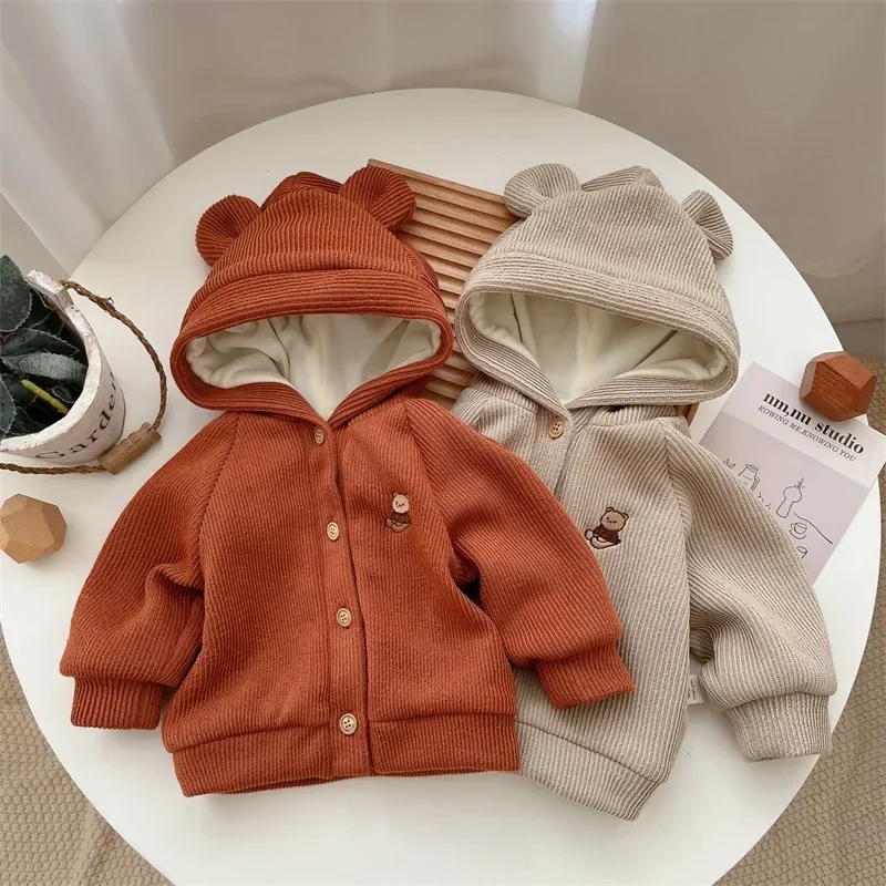 Autumn Winter New in Kids Baby Boys Girls Thicken Outwear , Toddler Infant Hooded Cartoon Bear Coat Children Jacket 3M-3Y