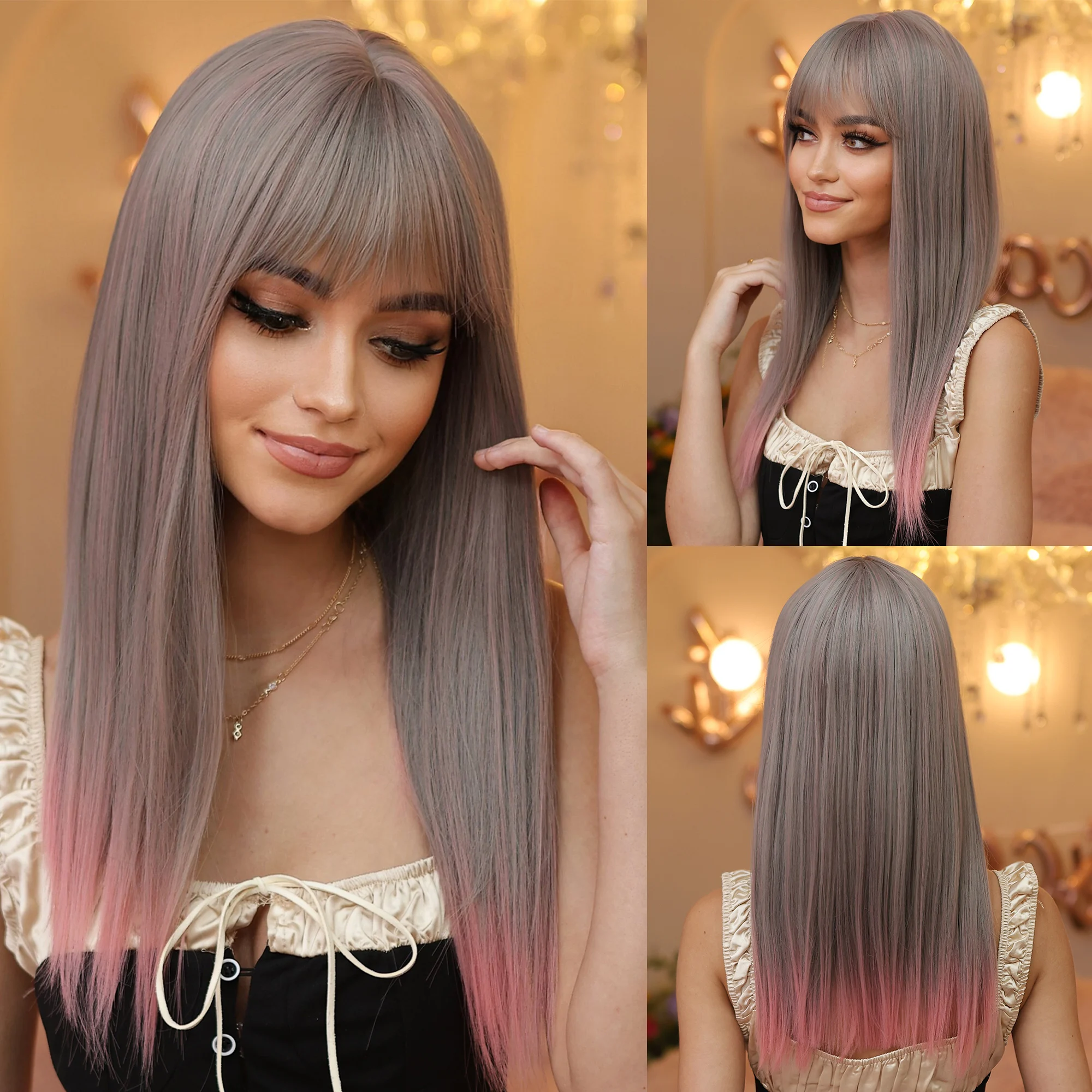 

Grey Pink Ombre Long Straight Synthetic Wigs With Bangs for Women Cosplay Party Daily use Wig Natural Hair Wig Heat Resistant
