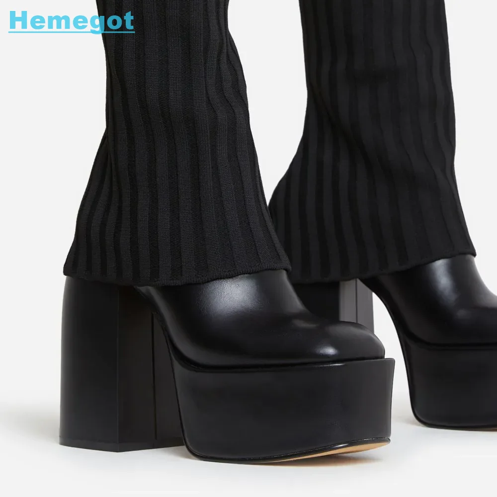 Platform Layered Knit Square Toe Knee-High Boots Leather Block Chunky Heel  White Solid Fashion Women Shoes Autumn European 2022 - AliExpress