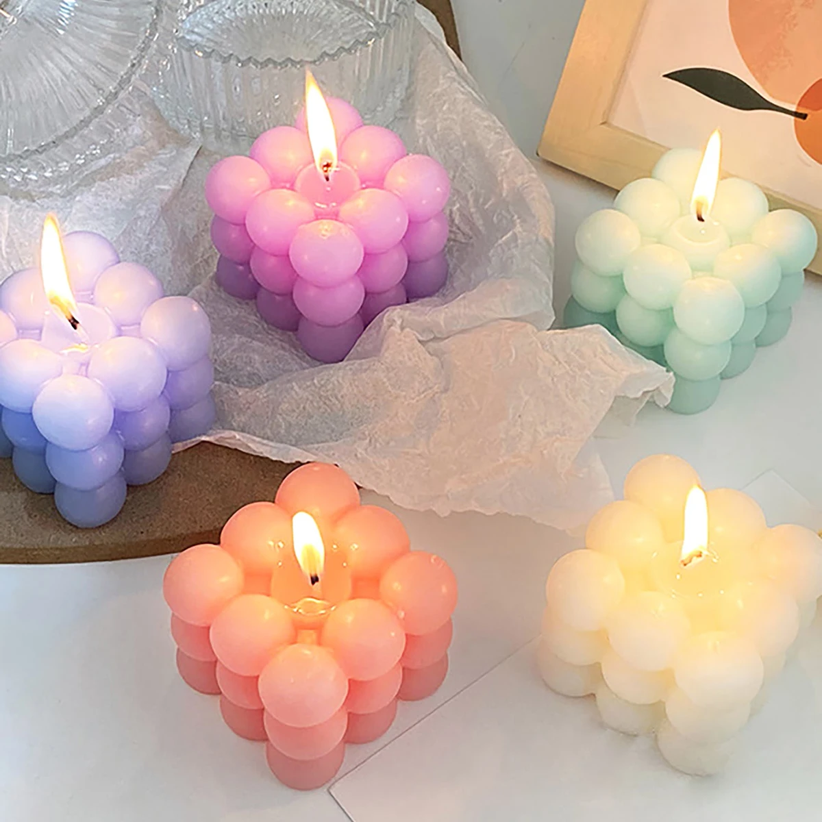 1pc Multicavity Geometry Magic Cube Aromatherapy Candle Mold Bubble Square Soap Silicone Mould Chocolate Cake Decor Ice Tray  ﻿