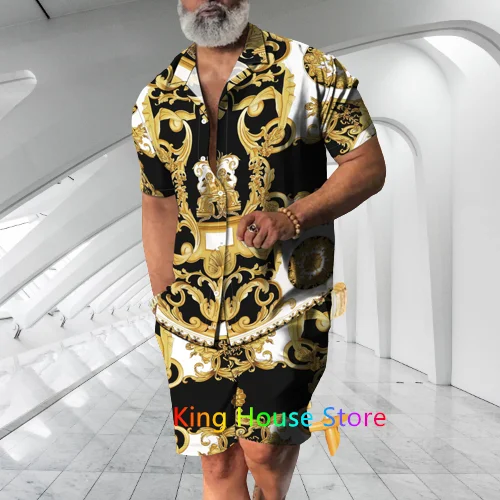 Men Hawaiian Shirt Set Summer Luxury Chain Holiday Clothes For Men Short Sleeve Oversized  Beach Shorts Male 2 Piece Suit Outfit