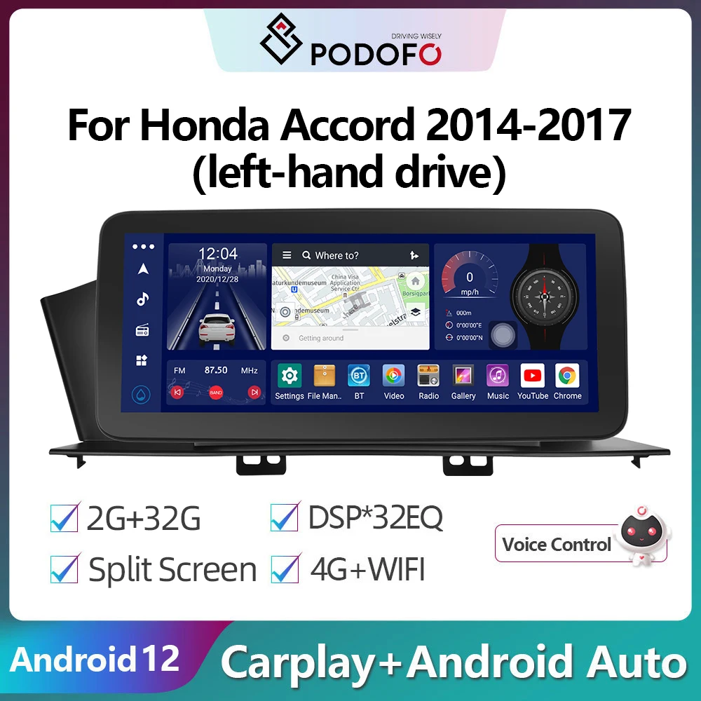 

Мультимедийная магнитола Podofo, 12,3 дюйма, Android, для Honda Accord 2014-2017, GPS-навигация, Carplay, 4G, Wi-Fi