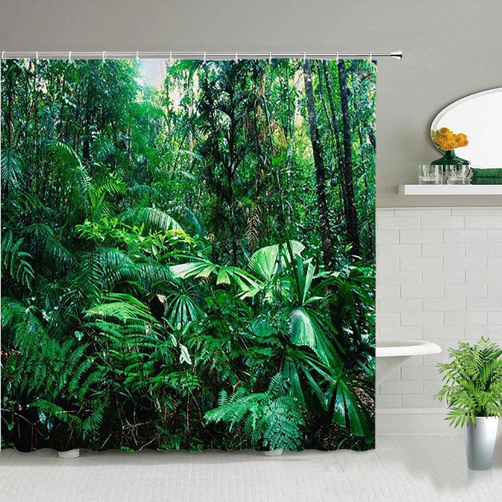 

Green Tropical Plants Forest Shower Curtains Palm Tree Flower Bird Leaves 3d Printing Bathroom Decor Waterproof Bath Curtain Set