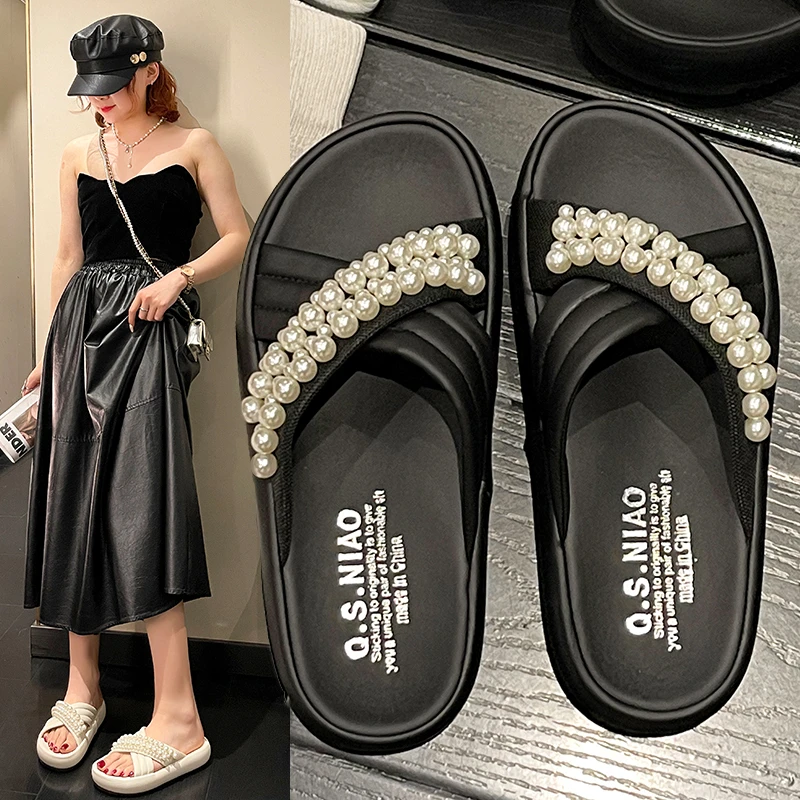 

2023 New Beaded Decoration Versatile Casual Shoes Comfortable Women's Outdoor Sandals Summer Flats Beach Shoes