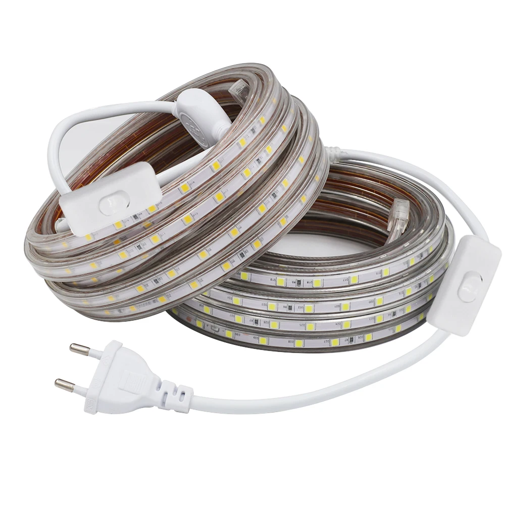 

220V LED Strip Light 5050 60LEDs/m Flexible LED Tape with ON OFF Switch Plug 5m 10m 15m 20m Waterproof LED Ribbon Light Bar