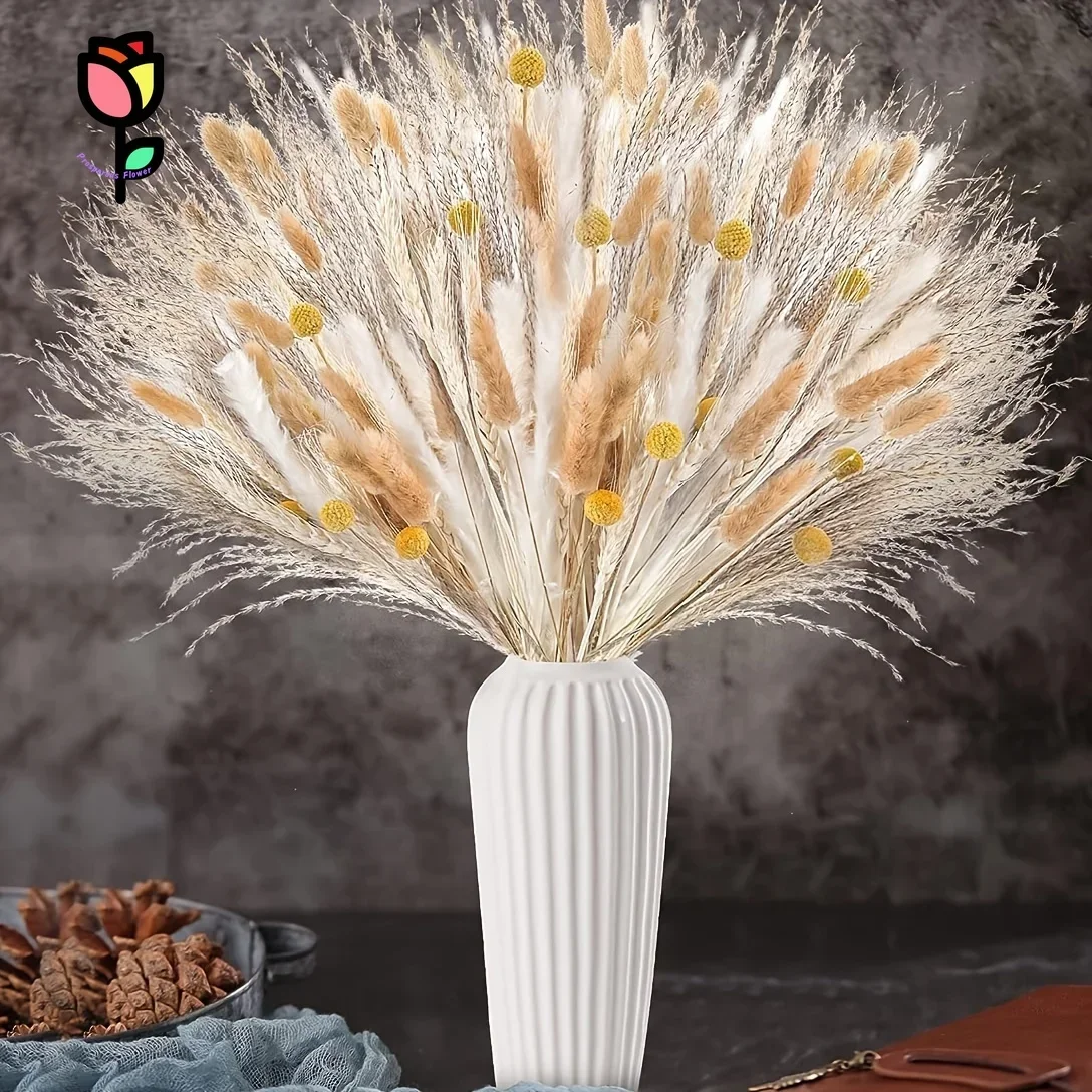 

120pcs Natural Mixed Dried Flowers Pampas Grass Bouquets Boho Home Decoration Artificial Flower Bunny Tail Wedding Party Decor