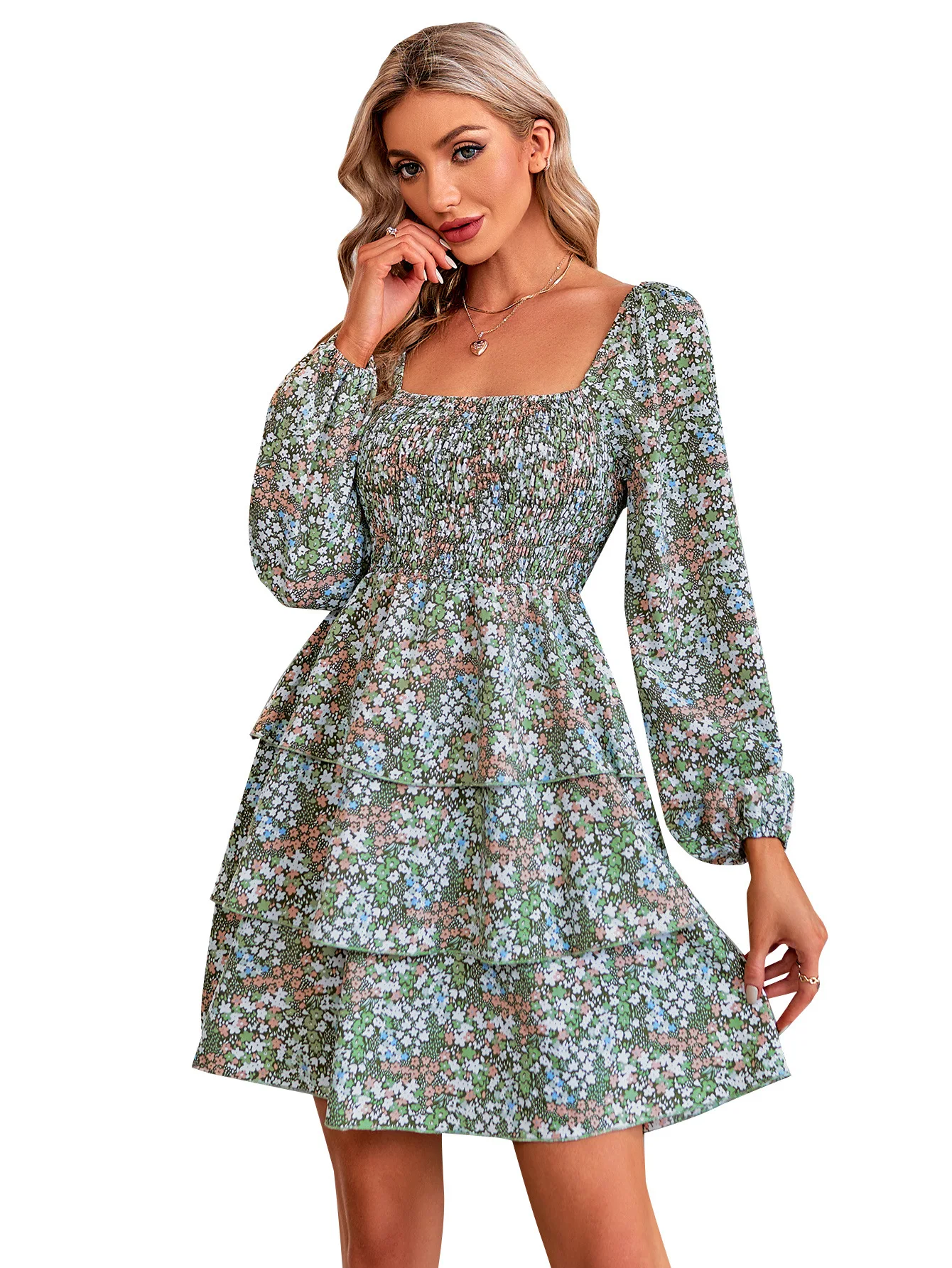 Printed Collared Neck Lantern Sleeve Mini Dress