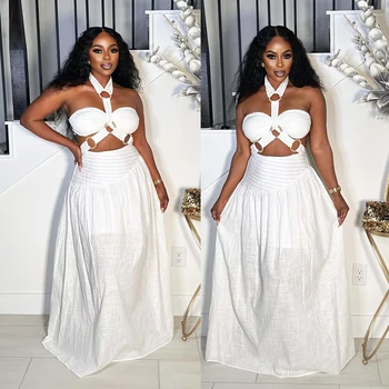 Sexy White Outfits Women 2025 Summer Elegant Party Dress 2 Pieces Sets Padded Top with Halter Neck Long Skirt Two Piece Set 1