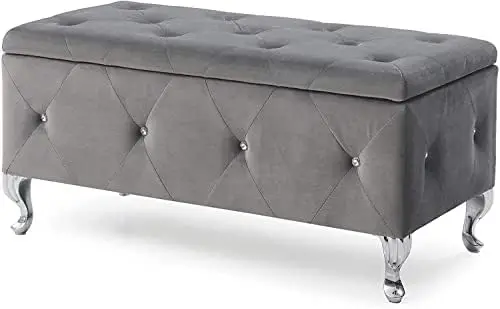 

Pacific Bench with Upholstered Tufted Leather Cushion and Crystal Leg Finish, Glam Storage Ottoman for Entryway, Hallway, Living