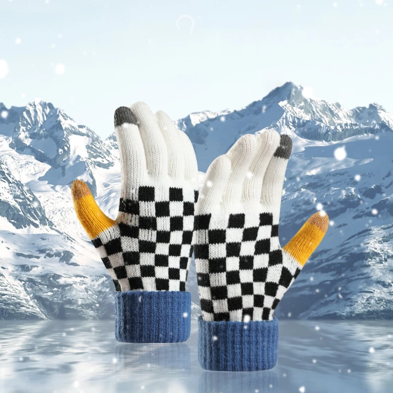 

Winter Warm Knitted Gloves Student Female Plaid Novelty Cycling Windproof Thick Touch Screen Stripes Cute Plush Lady Gloves