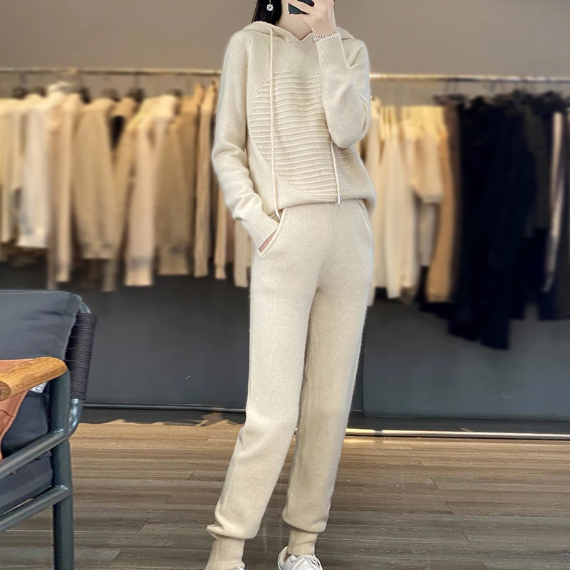 Autumn/Winter New Women's Suit 100% Merino Wool Hooded Pullover Tops Casual Sweatpants Small Leg Pants Knitted Two-Piece Set 2