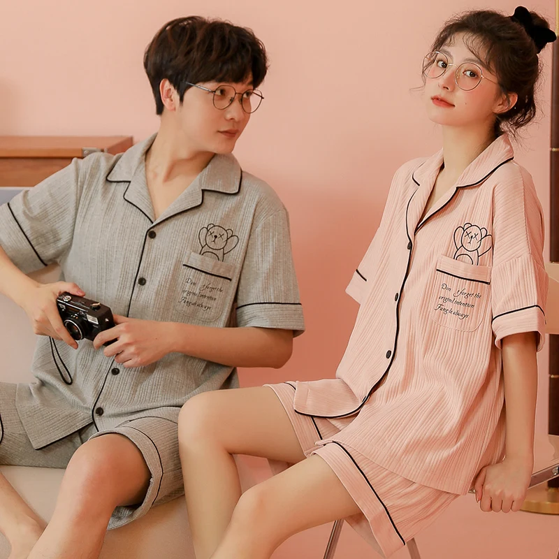 New Short Sleeve Sleepwear Couple Men and Women Matching Home Set Cotton Pjs Cartoon Prints Leisure Nightwear Pajamas for Summer cartoon women pajama summer sleepwear home clothes cute thin short sleeve cartoon loose pajamas for women summer lady nightgown