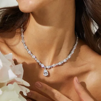 Shiny CZ Pear Drop Necklace Choker for Women Luxury Bridal Round Circle Rhinestone Clavicle Chain Necklace Jewelry 1