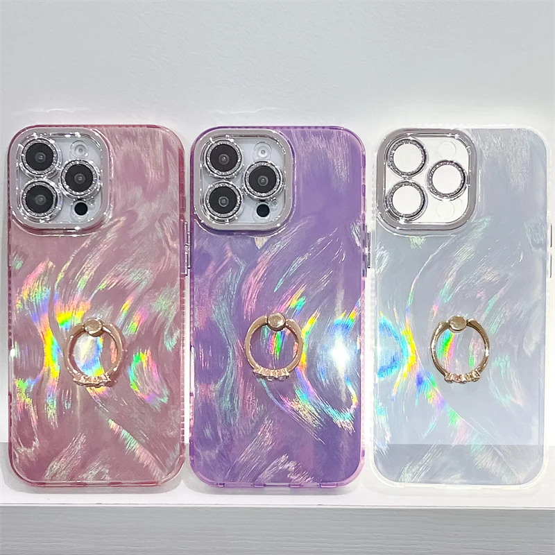 Camlet Federringhalter Laser-Telefonhülle für iPhone 16 Plus 15 14 13 Pro Max Hart-PC Glitzer Kameraschutz Rückseite_voghion.com