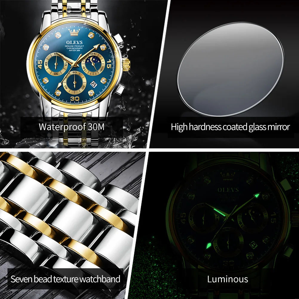 OLEVS 2889 Original Quartz Watch for Men Moon Phase Chronograph Business Man Watch Stainless Steel Waterproof Luxury Wristwatch