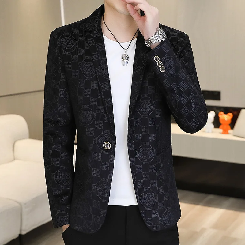 Luxury Retro Printed Men's Blazer Fashion Korean Slim Suit Jacket Social Casual Business Banquet Dress Coats Tops Men Clothing