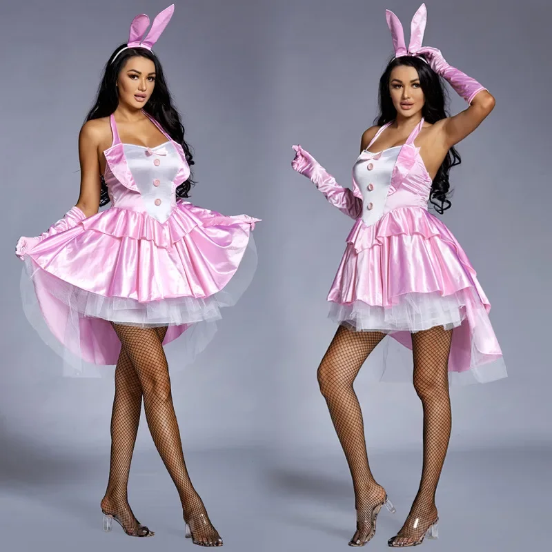 

Halloween Cosplay Role Play Costume Pink Sexy Bunny Girl Dress Outfits Exotic Puffy Mesh Erotic Nightclub Wear Large Size Xxl