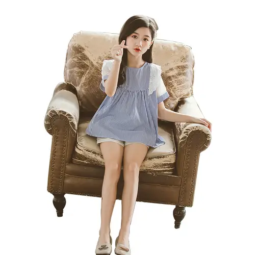 2026 summer Teens Girls Clothes Kids striped Ruffle lace mesh Top blouse t shirt + Leisure shorts Pants 4 6 7 9 10 11 12 14 Year - Image 3