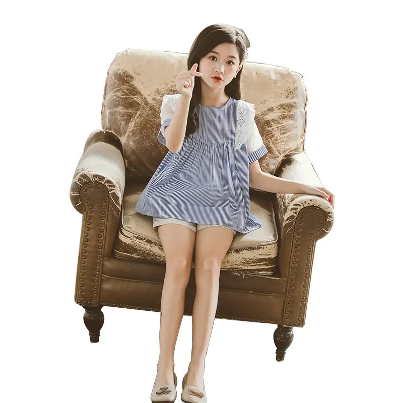 2026 summer Teens Girls Clothes Kids striped Ruffle lace mesh Top blouse t shirt + Leisure shorts Pants 4 6 7 9 10 11 12 14 Year - Image 3