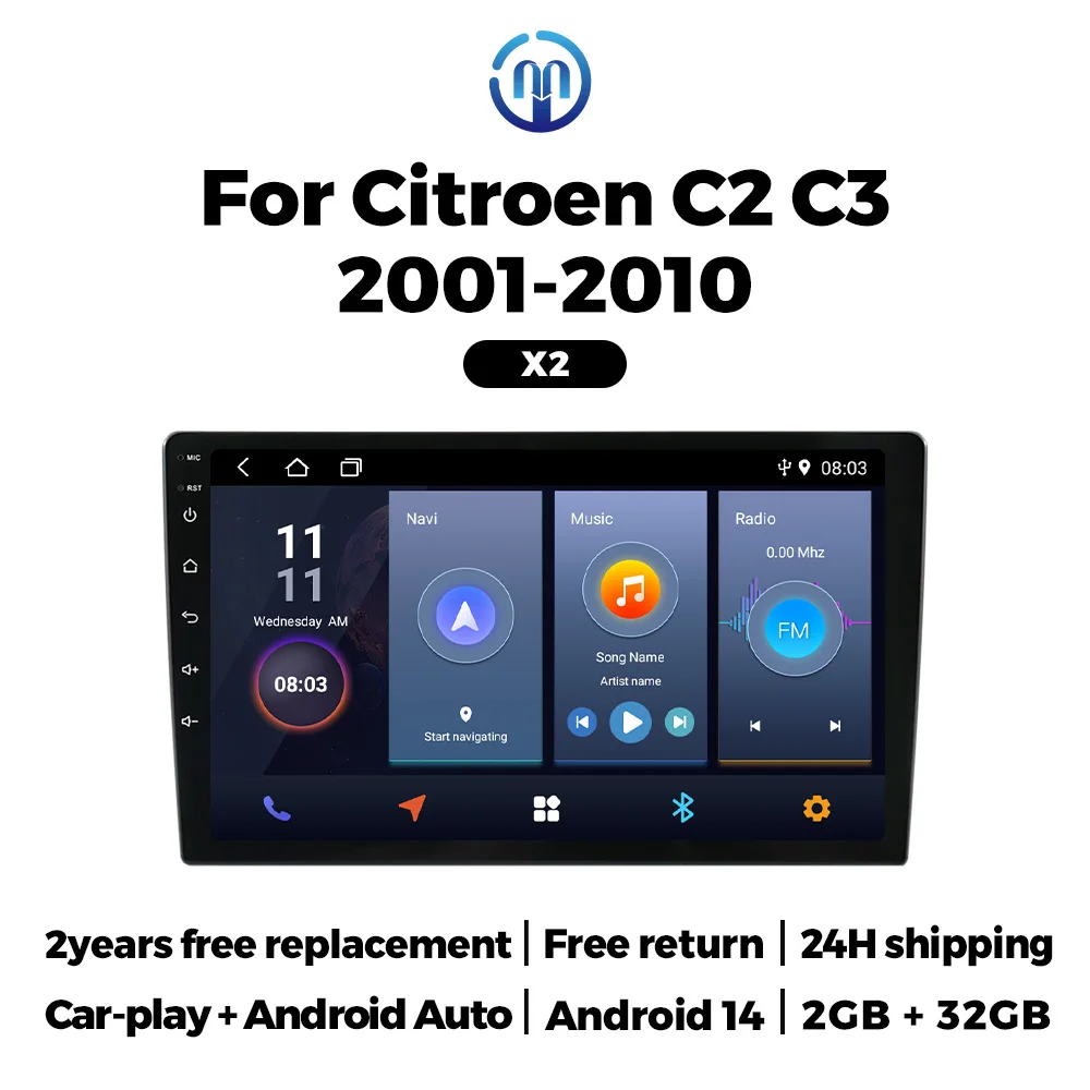 Autoradio Android 14 Pour Citroën C2 C3 (2001-2019) - Écran 9", CarPlay/Android Auto Sans Fil, 2Go/64Go